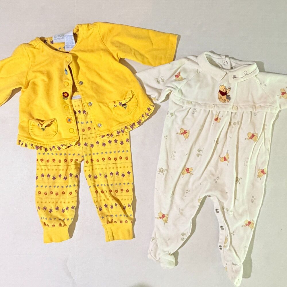 VTG Baby Bundle, Winnie the Pooh Yellow Y2K Flower Set, 3 piece Cottagecore 6-9m
